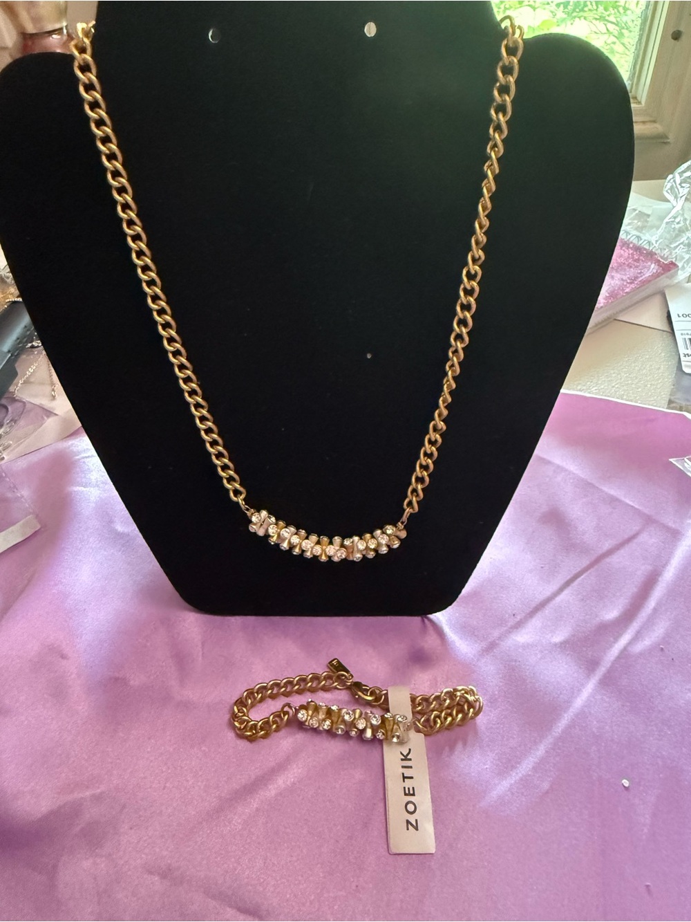 Zoetik Gold-Tone Chain Necklace and bracelet with Crystal Bar 16k gold plated